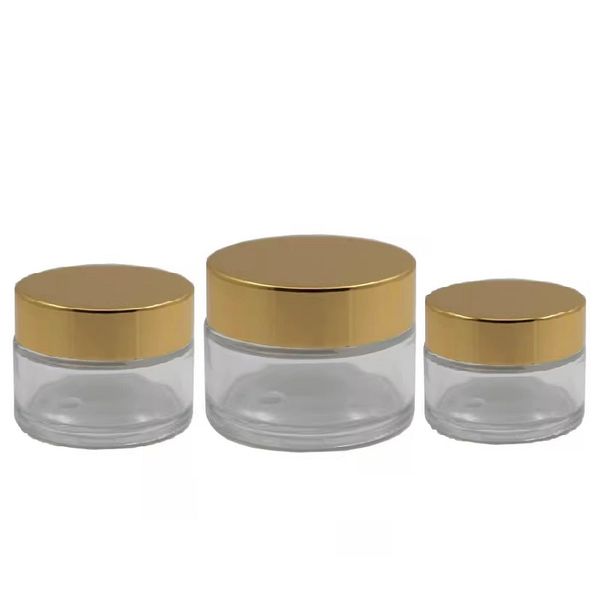 Clear Refillable Bottle Empty Glass Cream Jar Shiny Gold Plastic Screw Lid PP Disc Liner Cosmetic Packaging Skincare Facial Cream Pots Conta