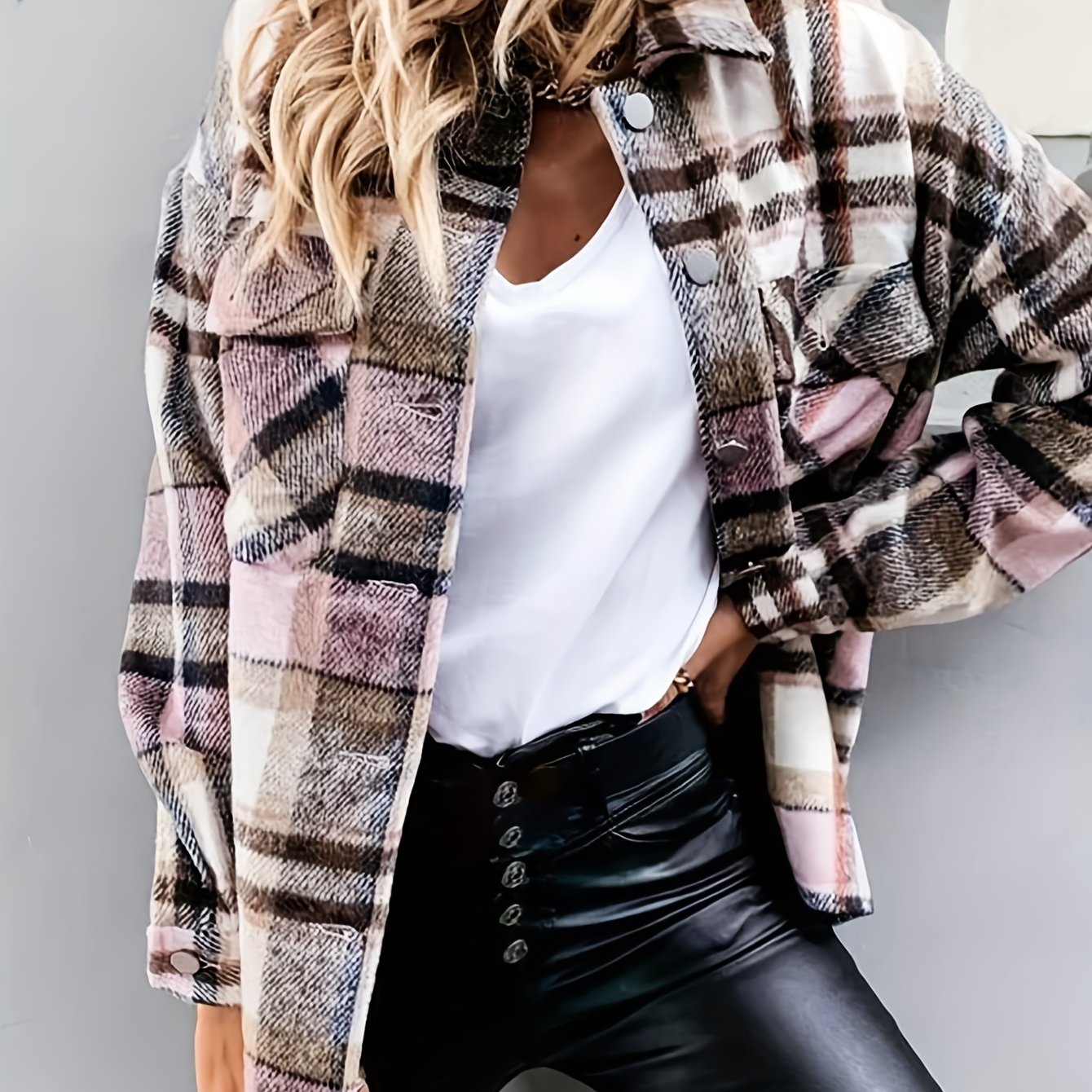 TEMU Women's Elegant Autumn Winter Jacket Top- Casual Plaid Print Collared Blazer With Pockets, Long Sleeve Open Front Cardigan For Everyday Relaxed