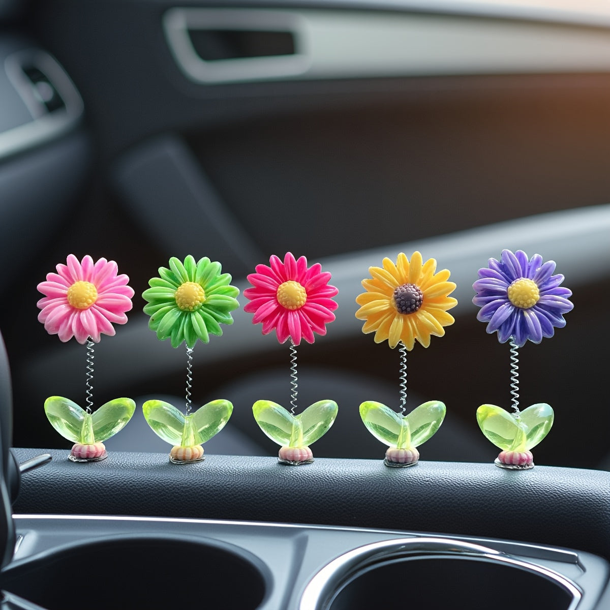 TEMU 5pcs Cute Flower Car Dashboard Decorations, Wiggling Mini Floral Ornaments For Dashboard And Rearview Mirror, Resin Material
