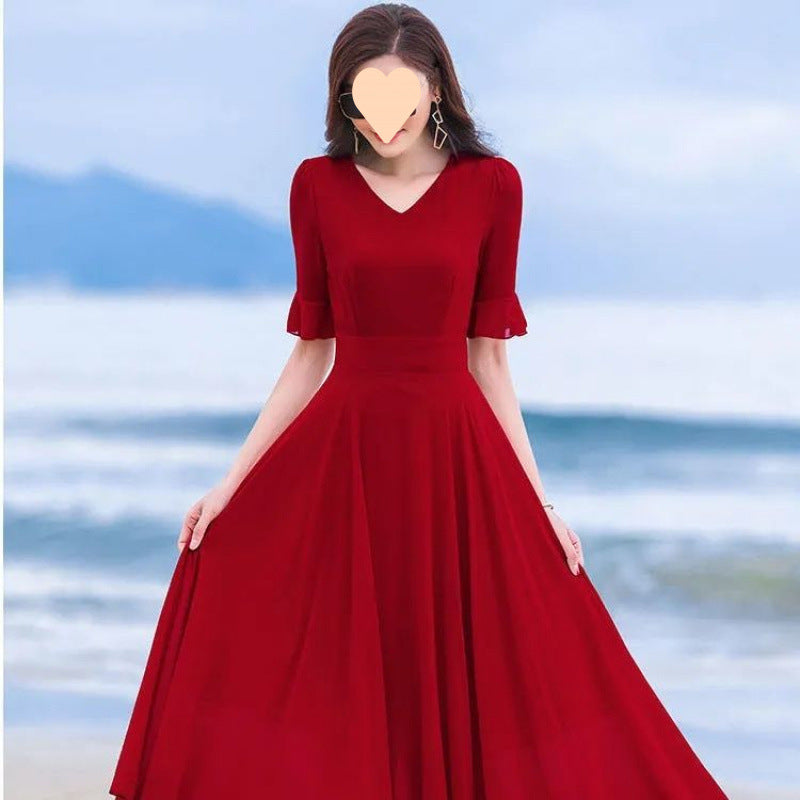 193 big swing skirt red mid-length dancing chiffon dress plus size long skirt over the knee holiday beach dress