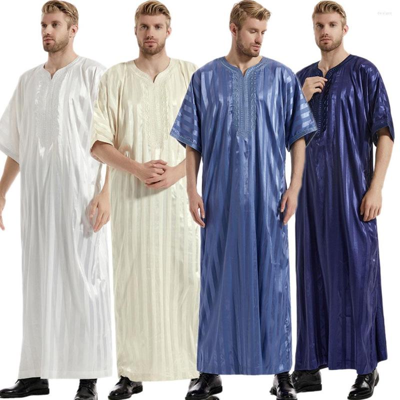 Ethnic Clothing Men Islamic Jubba Thobe Arabic Kaftan Vintage Solid Short Sleeve Loose Retro Stripe Robe Abaya Dubai Middle East Muslim