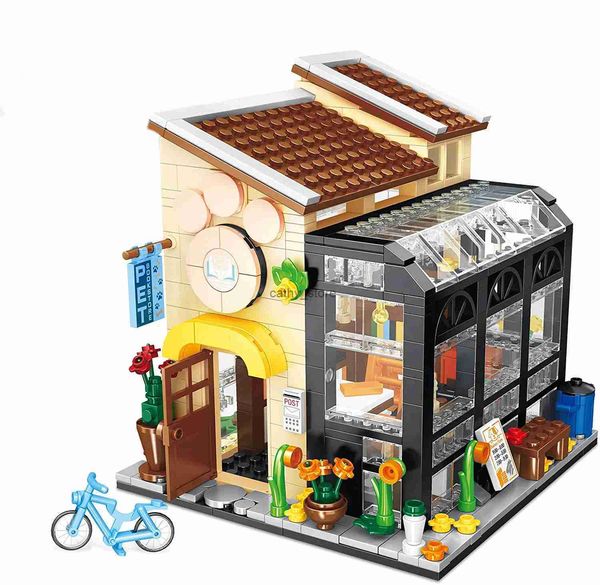 Bloc Creative Bouquet Store House Bootore Model Building Block City Landscape Summer Tent Coffee Shop Girl Toy Children Cute GiftL231114