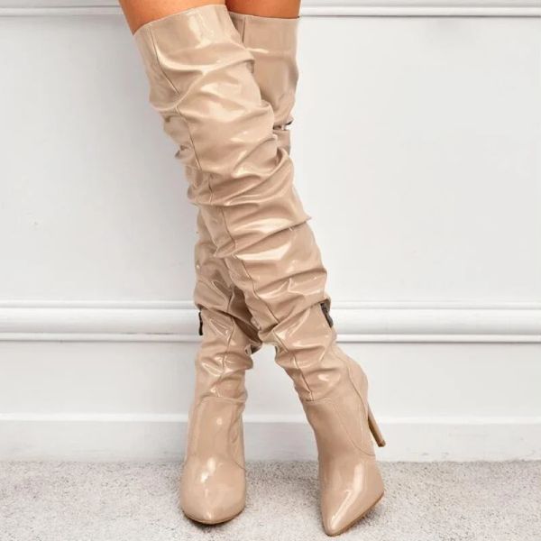 2024 Stretch Over-the-knee Women Fashion Pointed Toe Black Side Zipper Thin High Heels Female Leather Shiny Pleated Boots 1098