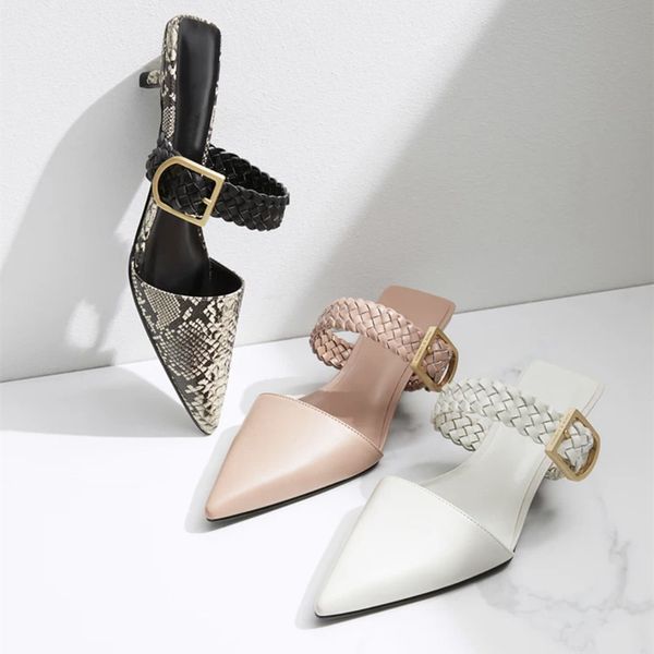 Weave Belt buckle slippers women 2022 sandals summer shoes woman thin heels knitted slides pointed toe snake pattern mules mujer