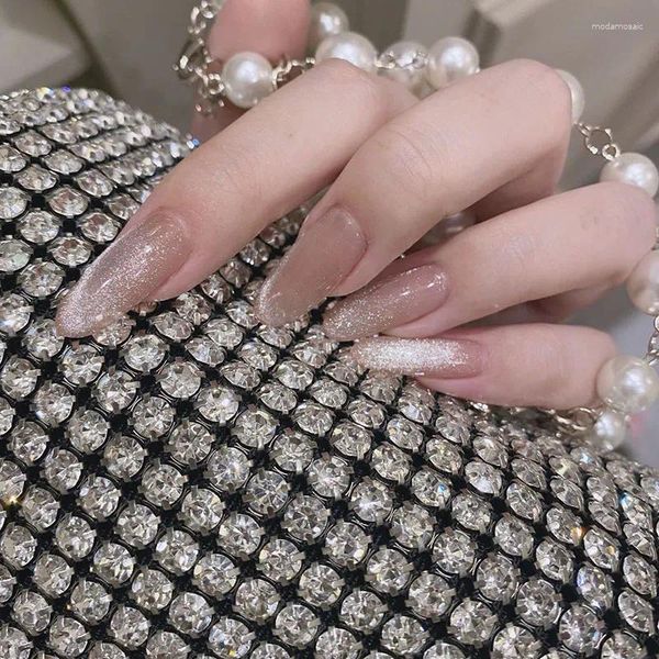 False Nails 24pcs-box Wearable Brown Long Crystal Cat Eye Gentle Temperament Mid-length Glitter Fake