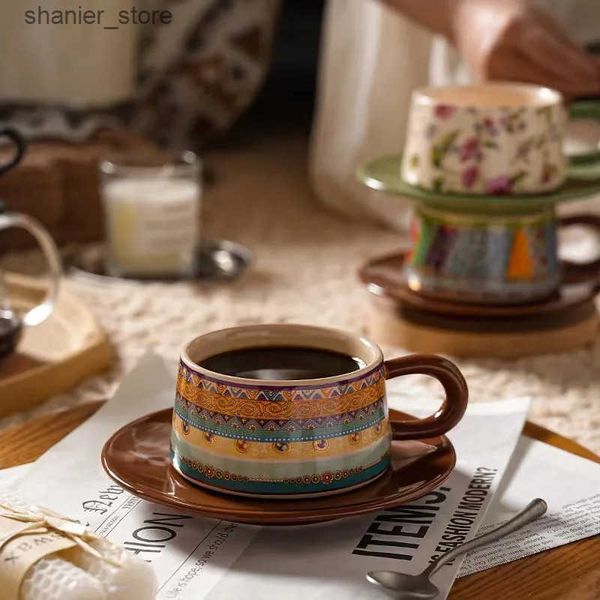 Mugs Coffee Cup Bohemian Style Coffee Cup Sauce Set Flower and Plant Afternoon Tea Cup and Plate Set L240910