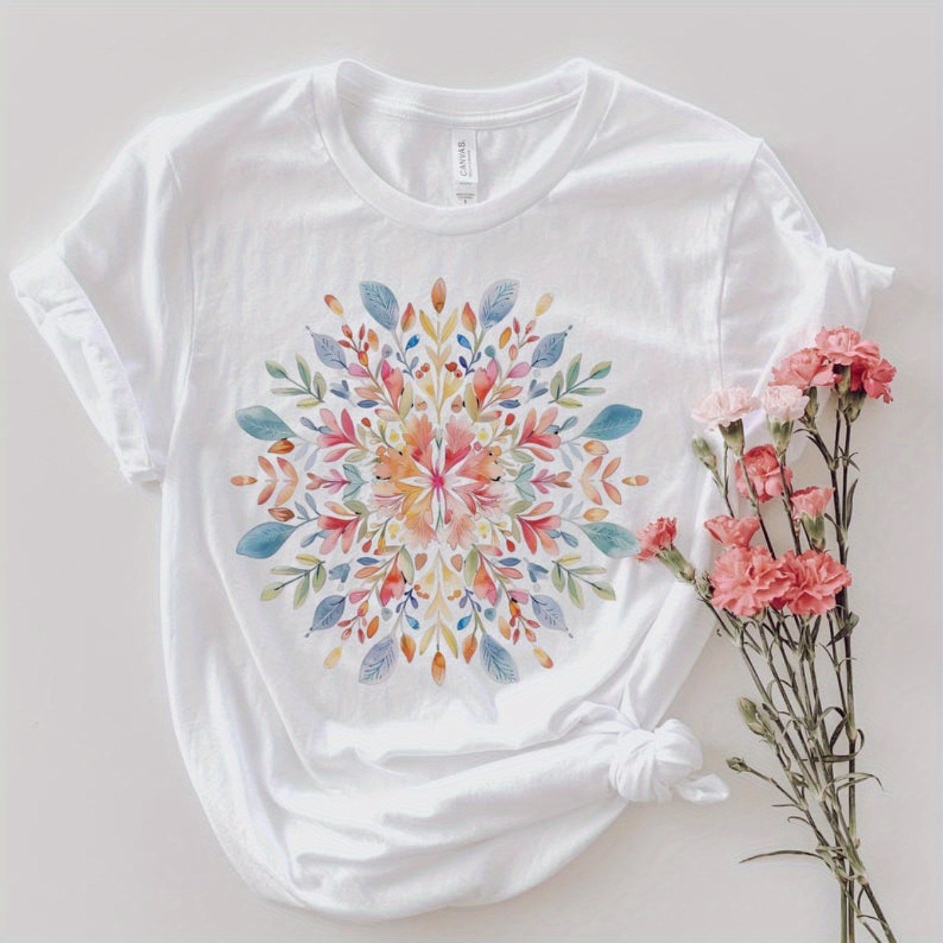 TEMU Mandala Shirt, Floral , Spring Floral Shirt, Gifts For Her, Flower Shirt, Florist Gift, Gift For , Women's Comfortable T-shirt, Fashionable