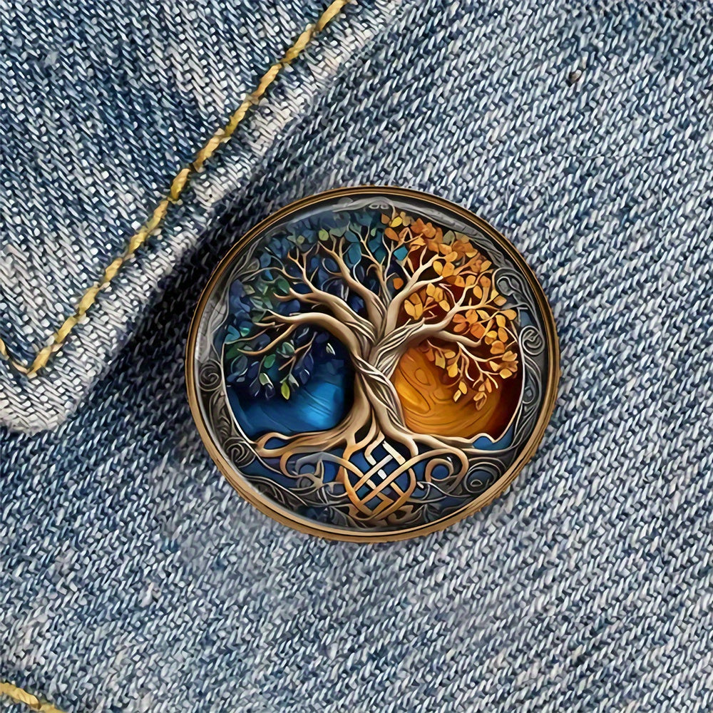 TEMU 1 Autumn- Winter Tree Of Life Alloy Resin Round Brooch Badge For Backpacks, Hats, Clothes, Shoes And Boots