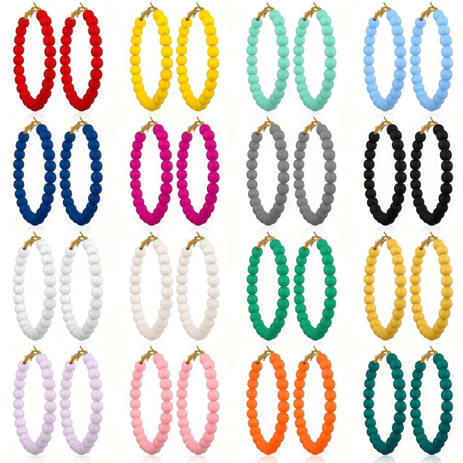 TEMU 16 Pairs Bohemian Beaded Hoop Earrings For Women - 2 Inch Round Multicolor Bead Dangle Earrings With Golden-tone Hooks, Bulk Colorful Hoops For