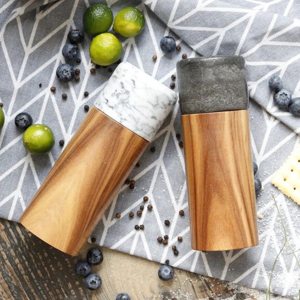 Kitchen TOOL Seasoning Bottle Acacia Wood Marble Splicing Manual Grinding Powder Sea Salt Sichuan Grinder Pepper Mill 240717
