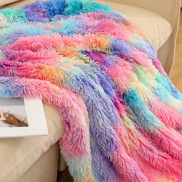 Blankets Rainbow Super Soft Faux Fur Throw Blanket Warm Fluffy Shaggy Sherpa Backing Warm and Cozy Decorative Sofa Bed Double Bedspread 2303