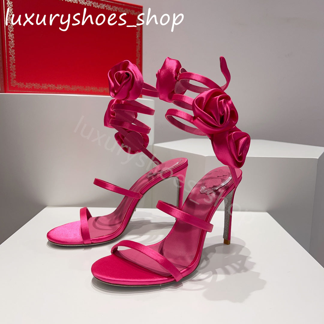 Rose Flower Embellished Sandals Satin Snake Strass Stiletto Heels Women&#039;s High Heeled Designers Ankle Wraparound Evening Shoes women shoes heel