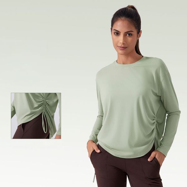 187- Long Sleeve Shirt Classic Crew Neck T-Shirts Women Sports Tops Super Soft Relaxed Fit Sweatshirts Drawstring on Both Sides Yoga Shirts