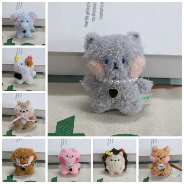 Plush teddy bear keychain cute cartoon mini stuffed animal puppy wearing pearl necklace curled plush seat doll bag pendantW240903