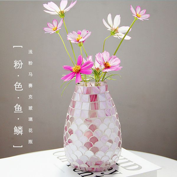 Vases Nordic Pink Fish Scale Mosaic Glass Vase Fashion Home Office Flower Arrangement Container Decorative Ornaments Modern 230810