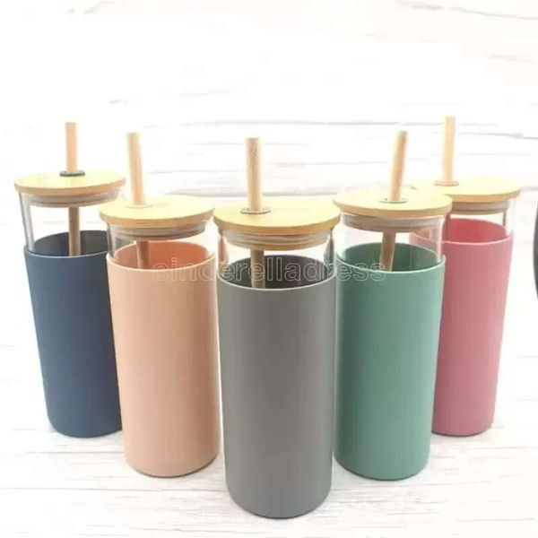 16Oz Glass Mug Juice Cup Milk Mugs With Silicone Sleeve Bamboo And Straw Enviroment-Friendly Novelty Tumbler Wine Bottle Office Car Panda Dr
