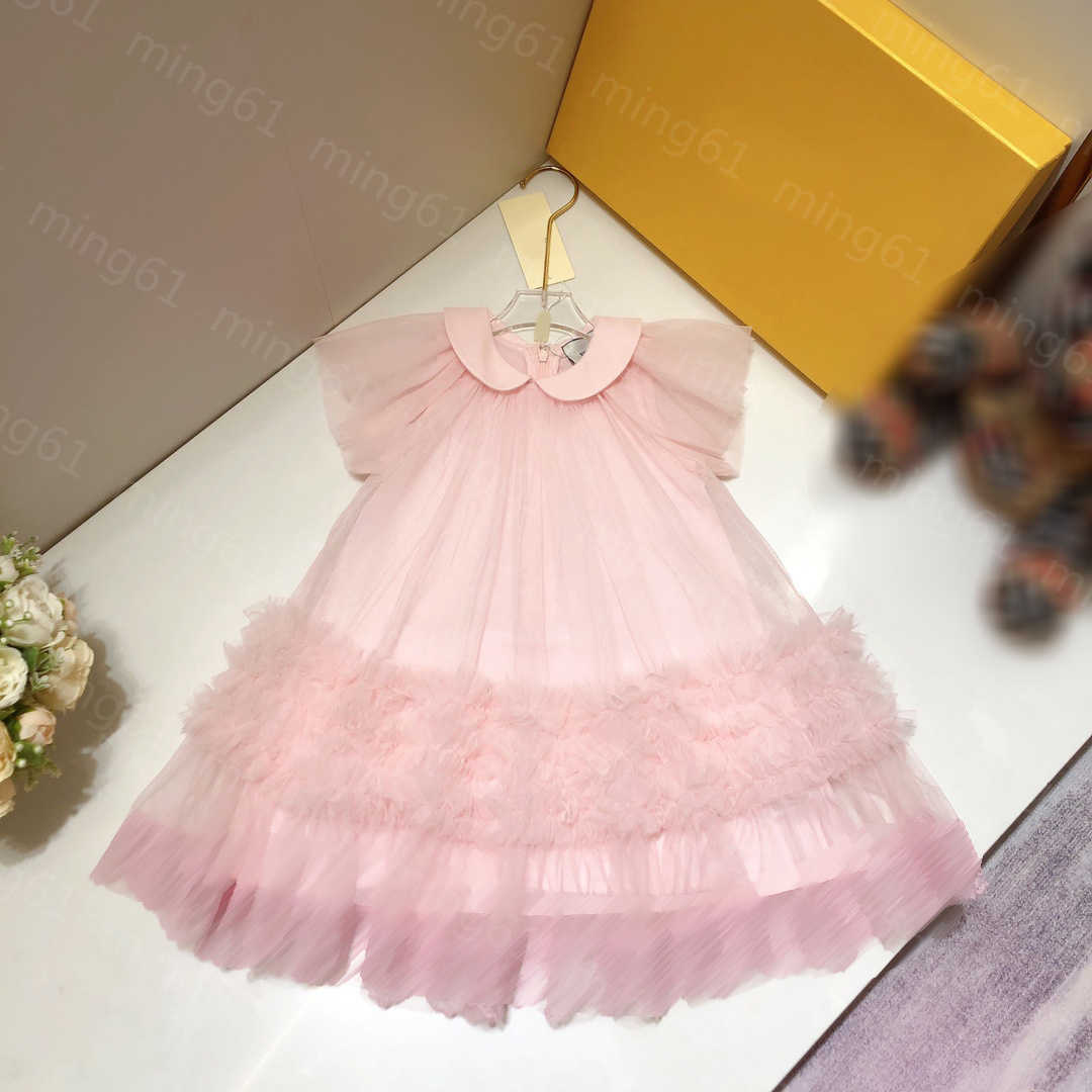 23ss kids designer clothes girls Dress Short-sleeved dress Doll collar Lace embroidery gauze princess skirt with hem big Girls skirts High quality k