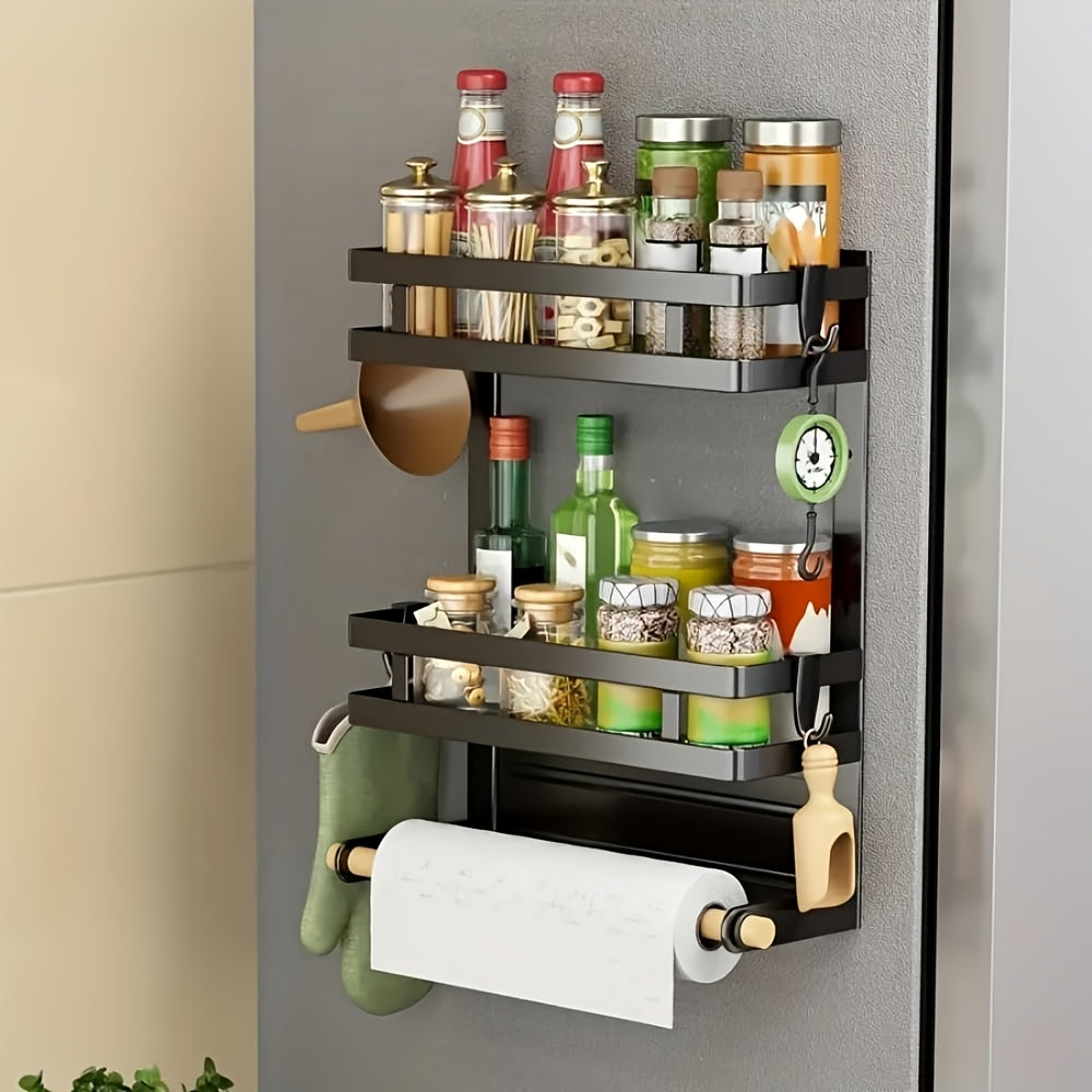 TEMU Magnetic Spice Rack For Refrigerator, Magnetic Shelf For Fridge Magnet Organizer Moveable Magnetic Paper Towel Holder With 4 Hooks For Kitchen