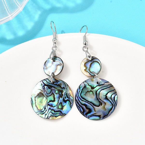 Boucles d'oreilles pendantes rondes et plates en laiton et coquillage paua naturel