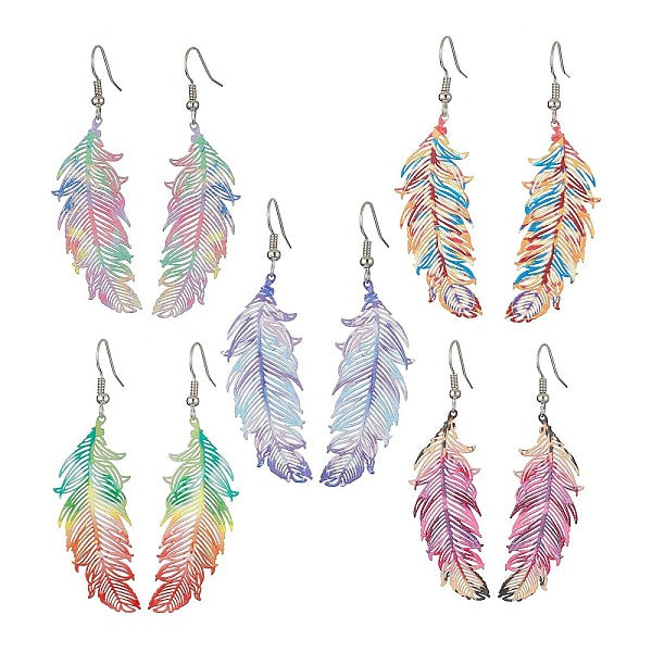 Boucles d'oreilles pendantes en forme de plume en acier inoxydable 201