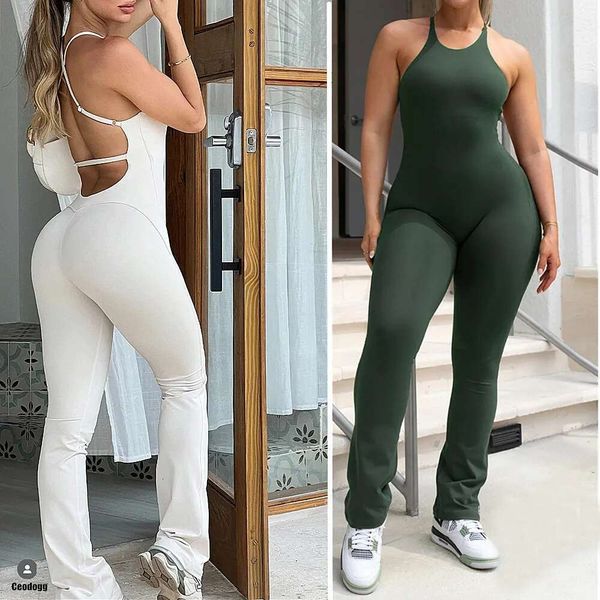 2024 Nylon Pad Bunny Sportwear Fiess Yoga Set Workout Flared Legging One Piece Jumpsuit Pants Exercise Active Wear Bodysuit