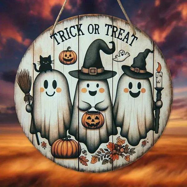1 piece 2D wooden Halloween three cute ghost brooms sponge pumpkin 7.9 inches-20cm circular hanging sign wall or door decorative wall art W2