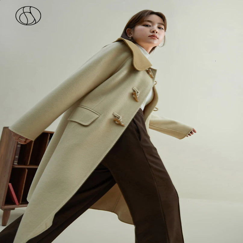 DUSHU 100% wool Peter Pan collar womens horn button beige medium length jacket contrasting color n cute 240918