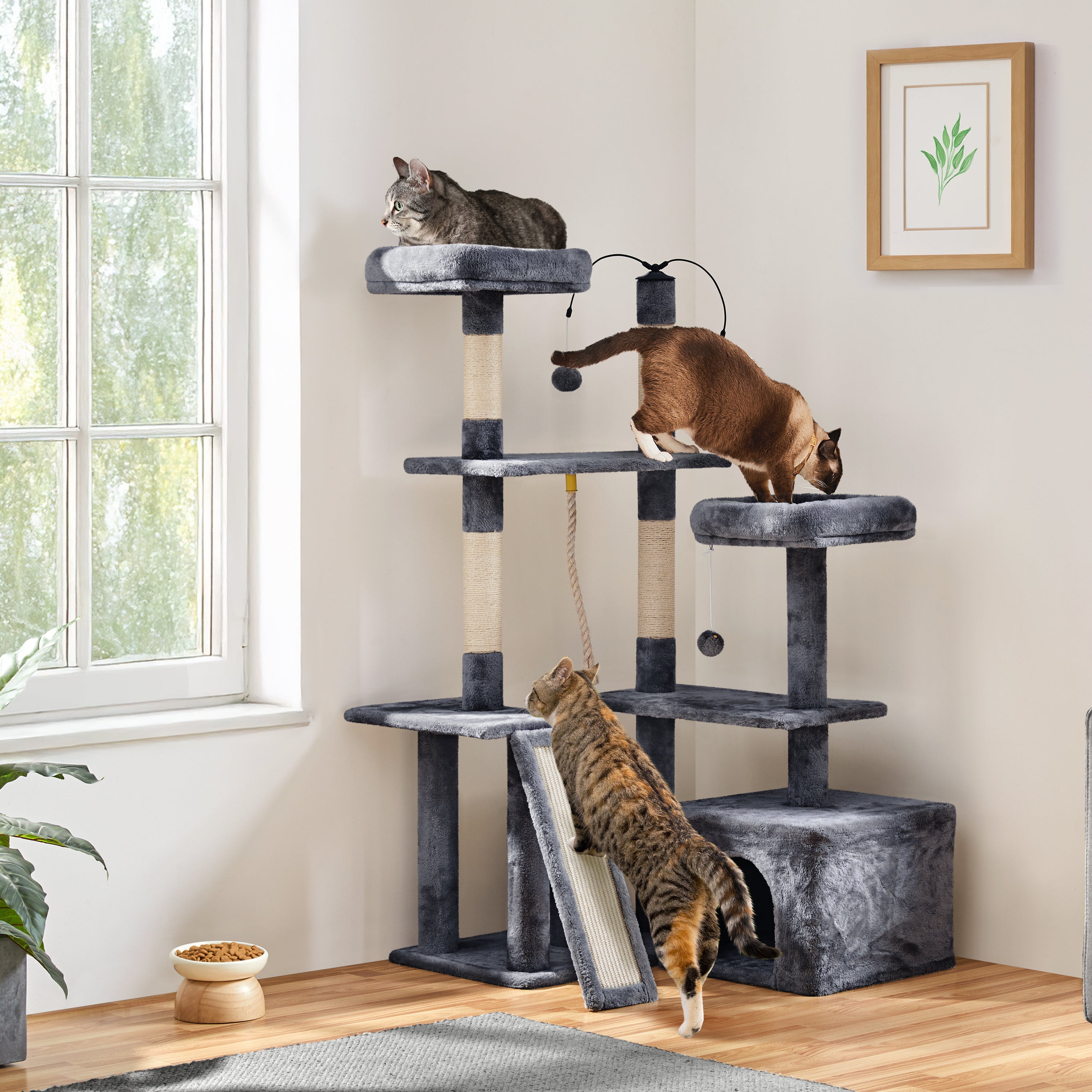 TEMU 53.5 Inches Multi-level Halloween Plush Cat Tree With Sisal Scratching Posts & Condos & Dangling Balls & Ramp For Kittens