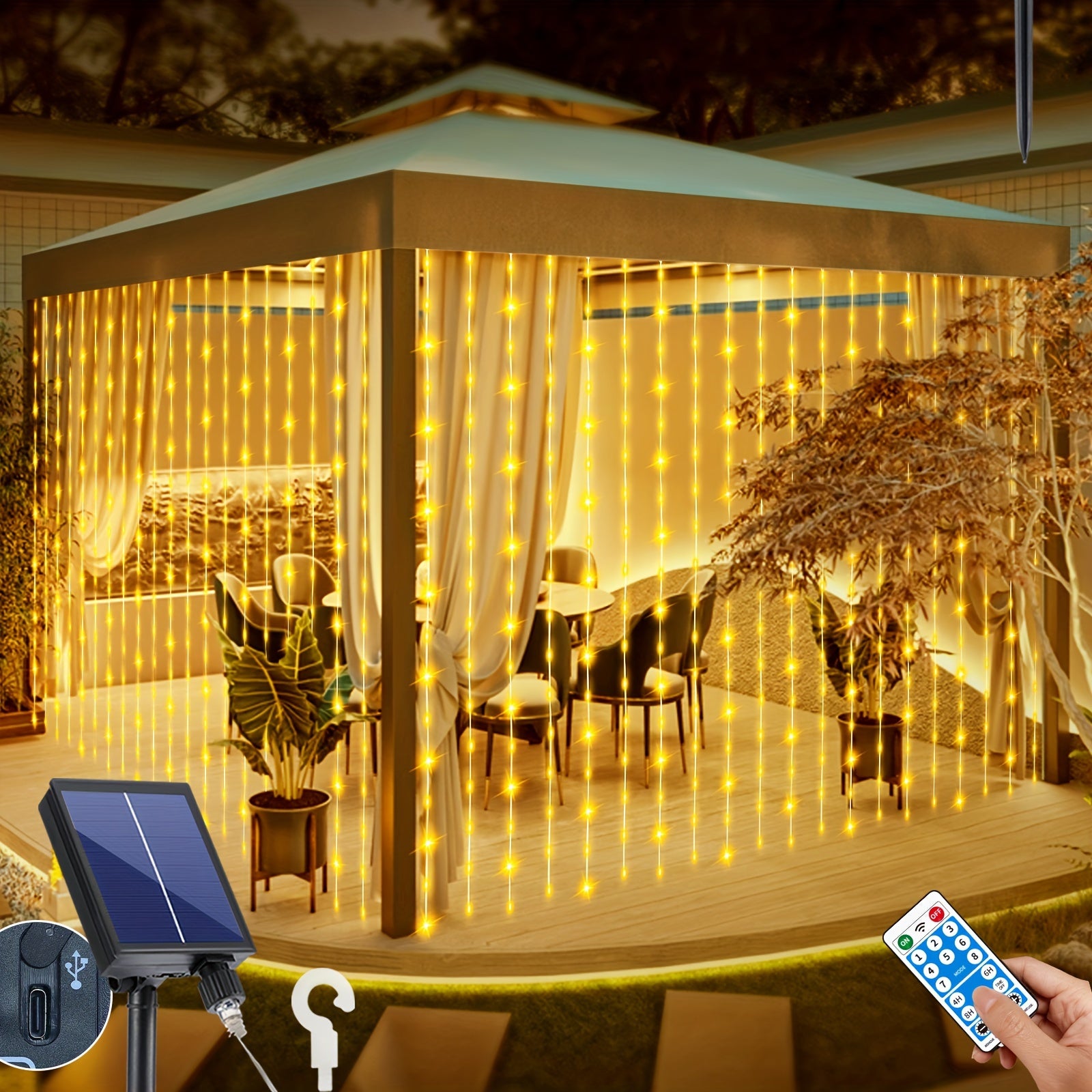 TEMU Solar Curtain Lights Outdoor 600 Led Waterfall Fairy String Lights With 8 Remote Type C Charging Dimmable Timer Light For Christmas Gazebo Party