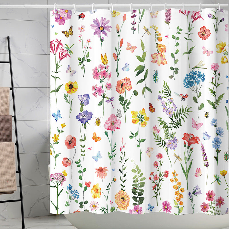 YL-37282 Tropical green leaf print shower curtain bathroom curtain waterproof and mildew proof partition curtain free punching hanging curtain