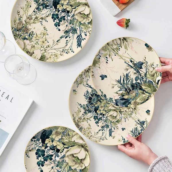 Vintage Ceramic Floral Western Plate Gold Border Dessert and Pastry Plate Bone China Tableware Dinner Plates Gift Tracing X250129