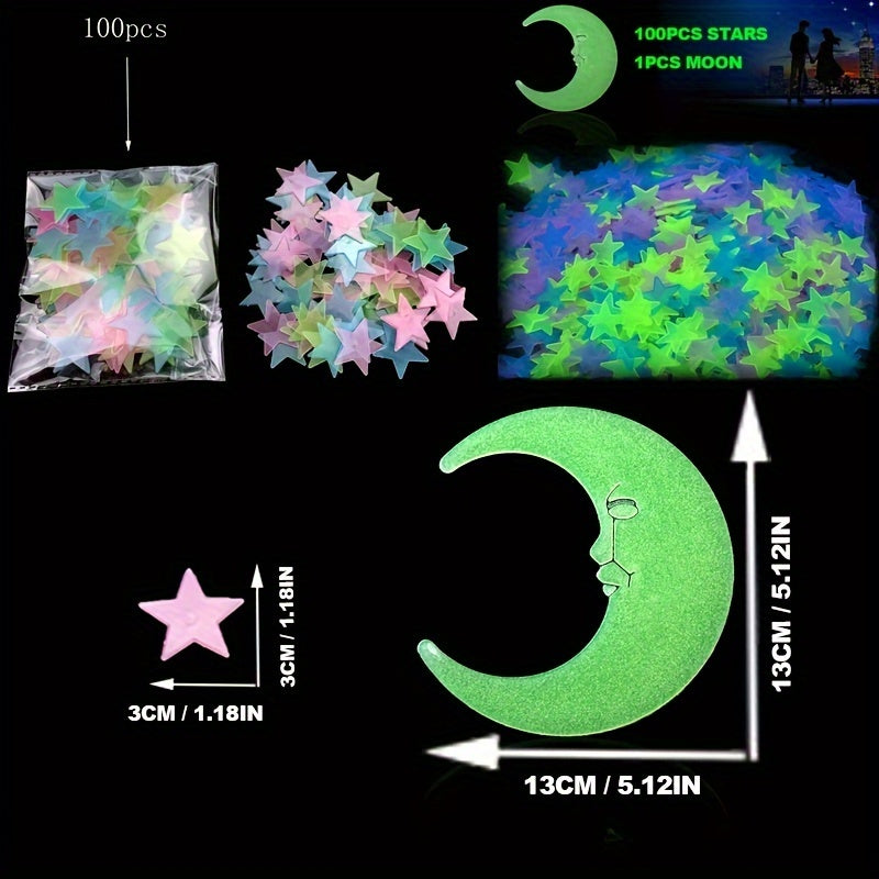 TEMU 100pcs 3d Glow In The Dark Stars And 1pcs 13cm Luminous Moon For Ceiling & Wall Decor, Art Geometric Plastic Shapes With Glitter, Reusable