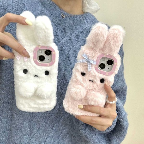 Plush cute white pink rabbit phone case suitable for iPhone 16 15 14 13 12 Pro Max soft silicone warm fur protective back cover M241209