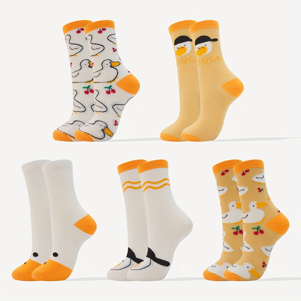 TEMU 5-pack Women's Plus Size Mid-calf Socks - Cute Duck & Cherry Print, Soft Breathable Fabric, For Casual, Sports, Casual Attire (), Cute Socks,
