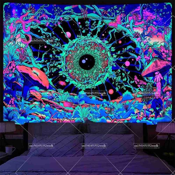 Blacklight Mushroom Tapestry UV Reactive Hippie Eye Butterfly Snake Neon Tapestrys Floral Plants Black Light Wall TapestriesXJ240810