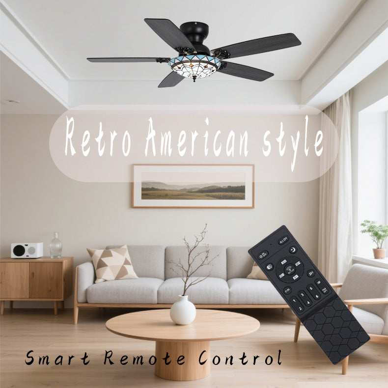 52 Inch Vintage Ceiling Fan with Stained Glass Light, Retro Style 5 - Blade Ceiling Fan for Living Room-Bedroom