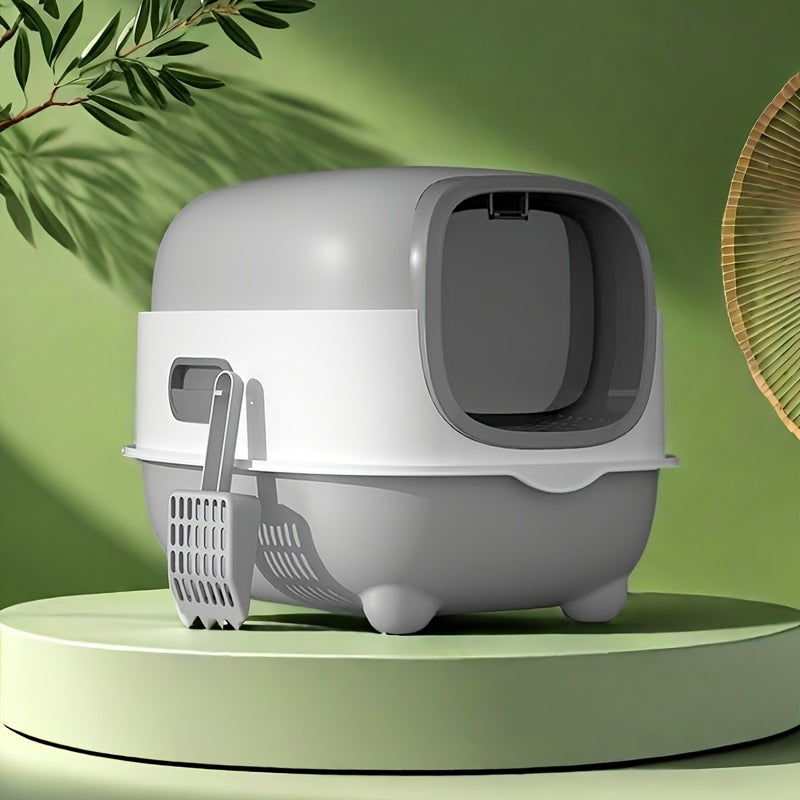 TEMU Large Capacity Covered Litter Box With Top Entrance - Fully Enclosed, Odor Isolation, Space-saving Foldable Design, Modern Purple-white - For