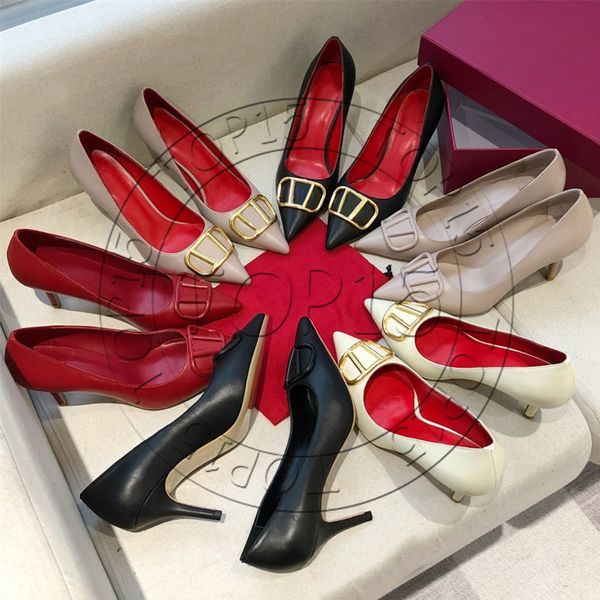 Designer Sandals Genuine Leather for Women High Heels Pointed Toe Classic Metal V Buckle Summer Luxury Flat Slides Ladies Beach Sandal Party