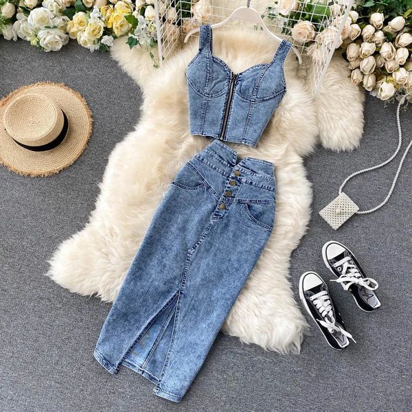 Amolapha Women Jeans VestSkirts Sets Straps Tops Buttons Denim Skirt Suits for Woman 250122
