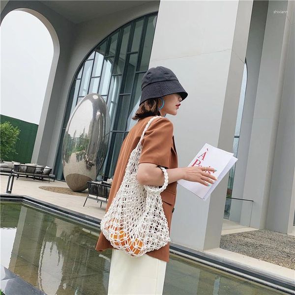 Totes Large Capacity Hollow Woven Handbag Portable Beach Bag Casual Solid Color One-shoulder Cotton Rope Handmade Net