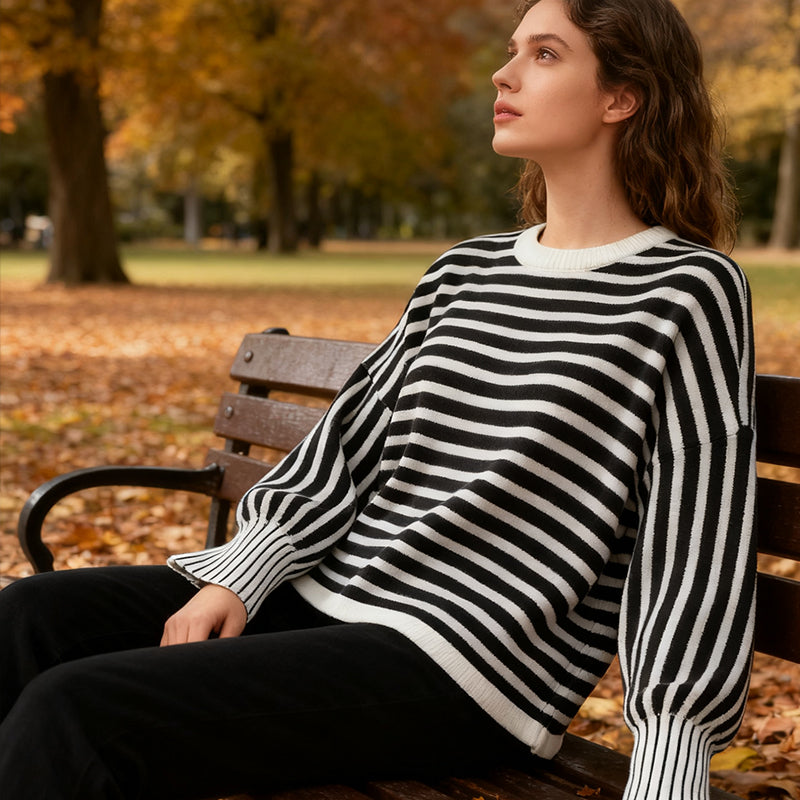 Women&#039;s Blouses & Shirts Women&#039;s Black and White Striped Round Neck Pullover Sweater - Lantern Sleeve Loose Fit Knitwear for Autumn AS24-0