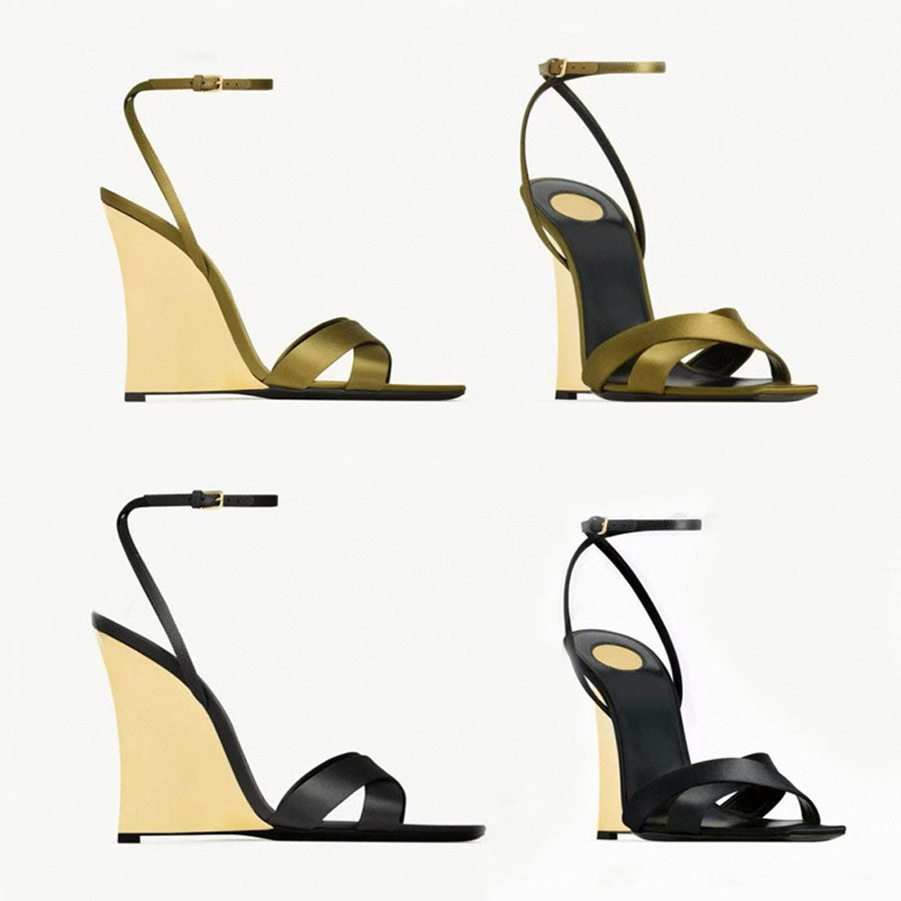 Top quality Simple Silk Real leather Wedge sandals10.5cm womens open toes Luxury designer heels Office shoes Vacation shoes satin cross Ankle buckle