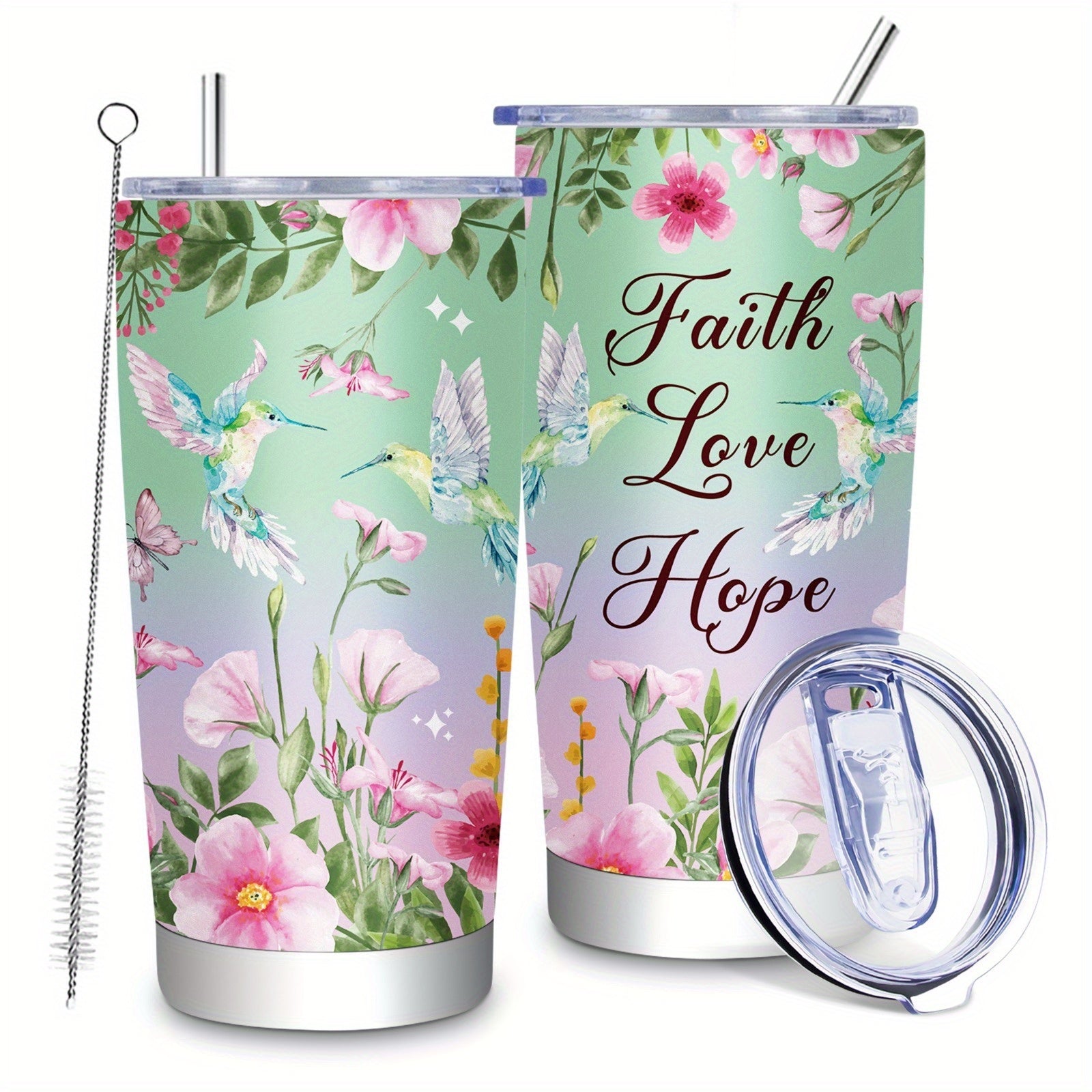 TEMU 1pc 20oz Tumbler, Coffee Mug, Colorful Floral & Hummingbird Design, Insulated Reusable Stainless Steel Cup For Hot Drinks, Hand Wash Only,