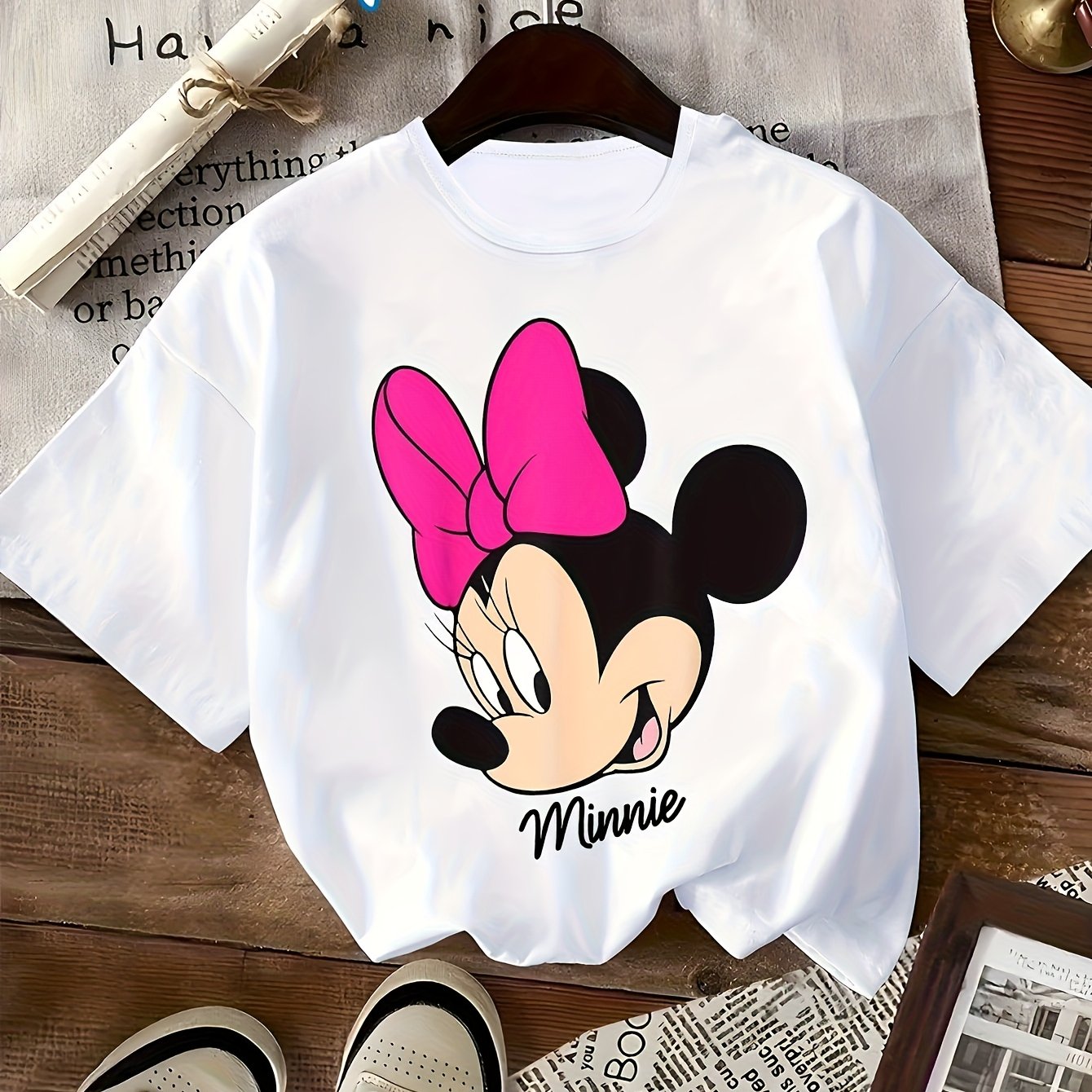 TEMU Mouse Women's Short-sleeve T-shirt - White With Pink Bow & Polka Dot Print, Round Neck Casual Tee For Parties, Gifts, Casual Attire, Gift Item,