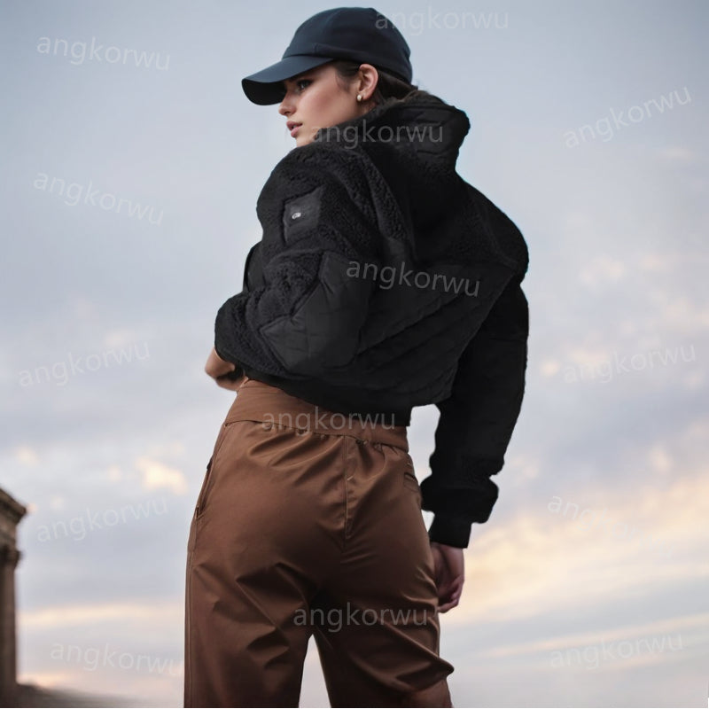 A Designer Yoga Coat Sherpa Edge Bomber Jacket Lamb Wool Warm Stand-up Collar Winter Casual Long Sleeve Sweater Zip Cardigan Sweatshirts Cropped Thi