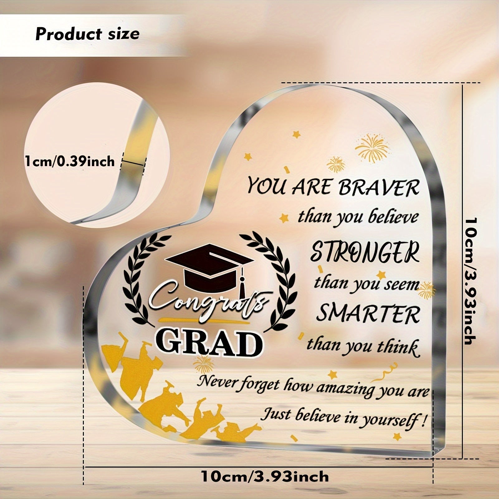 TEMU 2d Flat, Heart-shaped Acrylic Graduation Gift With Inspirational Quotes - Golden Wreath & , High School Graduation Keepsake For Him-her, Desktop