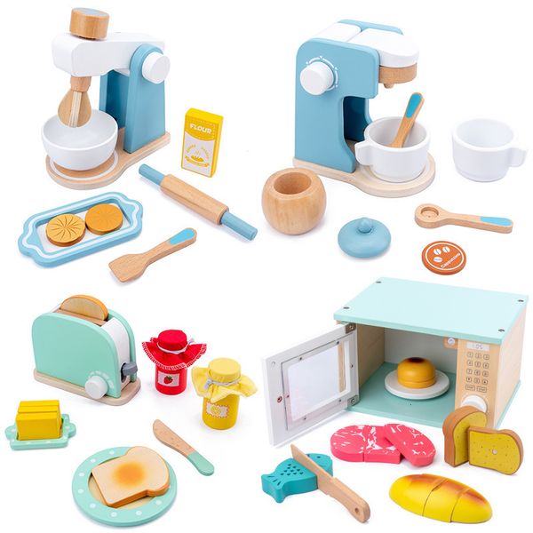 Kitchens Play Food Wooden Kitchen Pretend Toy Simulation Coffee machine Toaster Machine Mixer Baby Early Learning Educational Toys 221123