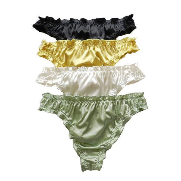 4Pcs Men&#039;s Silk Panties Thongs Sissy Panties Bikini Briefs Crossdress Lingerie