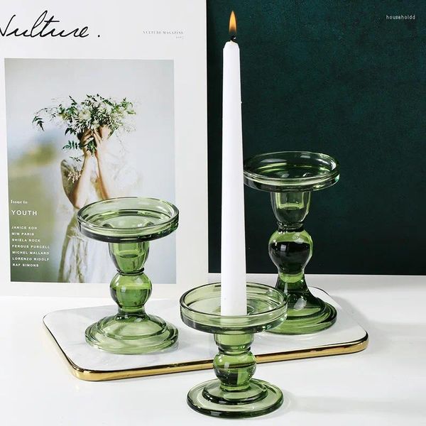 Candle Holders Green Glass Candlestick Decoration Accessories Vintage Crystal Wedding Decorative Home Decor