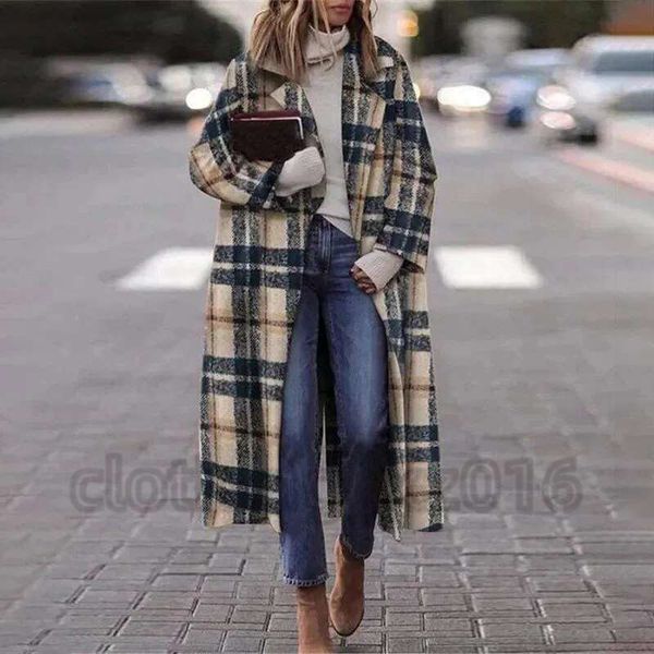 Wool Women Blends S Vintage Pattern Winter Tweed Long Cardigan Coat Fashion Lapel Pocket Loose Outerwear Autumn Sleeve Casual Jacket High En
